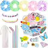 BeYumi 63Pcs VSCO Starter Stuff Pack Set Vsco Accessories- Velvet Hair Scrunchies, VSCO Stickers, Adjustable Wave Strand Beads Bracelets, Reusable Stainless Steel Straws with Brush and Storage Bag
