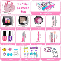 BeYumi Pretend Makeup Kit for Girls, 32Pcs Realistic Makeup Play Set with Jewelry, Bracelet and Shiny Cosmetics Bag, Birthday Gift Mess Free Fake Makeup Toys for Girls Toddlers - Imitation & Not Real