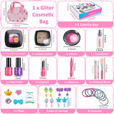 BeYumi Pretend Makeup Kit for Girls, 32Pcs Realistic Makeup Play Set with Jewelry, Bracelet and Shiny Cosmetics Bag, Birthday Gift Mess Free Fake Makeup Toys for Girls Toddlers - Imitation & Not Real