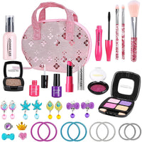 BeYumi Pretend Makeup Kit for Girls, 32Pcs Realistic Makeup Play Set with Jewelry, Bracelet and Shiny Cosmetics Bag, Birthday Gift Mess Free Fake Makeup Toys for Girls Toddlers - Imitation & Not Real