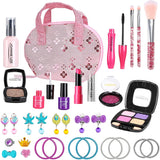 BeYumi Pretend Makeup Kit for Girls, 32Pcs Realistic Makeup Play Set with Jewelry, Bracelet and Shiny Cosmetics Bag, Birthday Gift Mess Free Fake Makeup Toys for Girls Toddlers - Imitation & Not Real