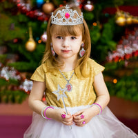 BeYumi 55Pcs Princess Pretend Jewelry Toys Set with Pink Ballet Tutu Skirt Sequins Handbag, Adjustable Rings Crowns Necklaces Earrings Wands Bracelets, Dress Up Birthday Gifts Party Favors for Kids