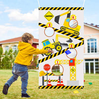 BeYumi Construction Truck Toss Game Banner with 4 Bean Bags, Excavator Theme Party Game for Indoor Outdoor Activities, 4 Score Holes Digger Banner Birthday Party Decorations Supplies for Kids Adults