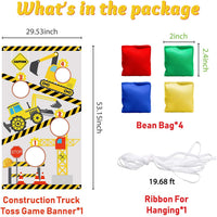 BeYumi Construction Truck Toss Game Banner with 4 Bean Bags, Excavator Theme Party Game for Indoor Outdoor Activities, 4 Score Holes Digger Banner Birthday Party Decorations Supplies for Kids Adults